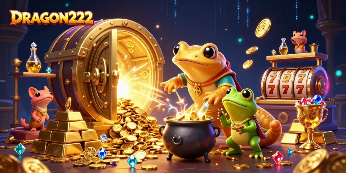 Engage with DRAGON222's exciting slots gameplay amid a vibrant, magical scene of treasure and alchemical mastery.