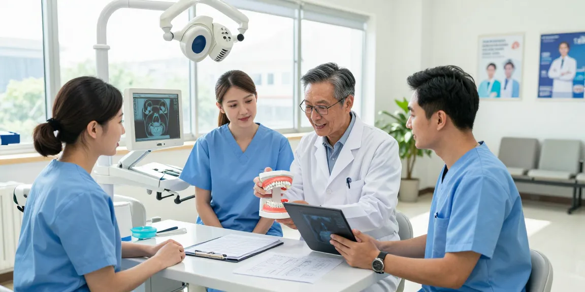 Collaborative environment at Riversdale Orthodontics with orthodontist and surgeon reviewing dental models and X-rays, showcasing advanced care.