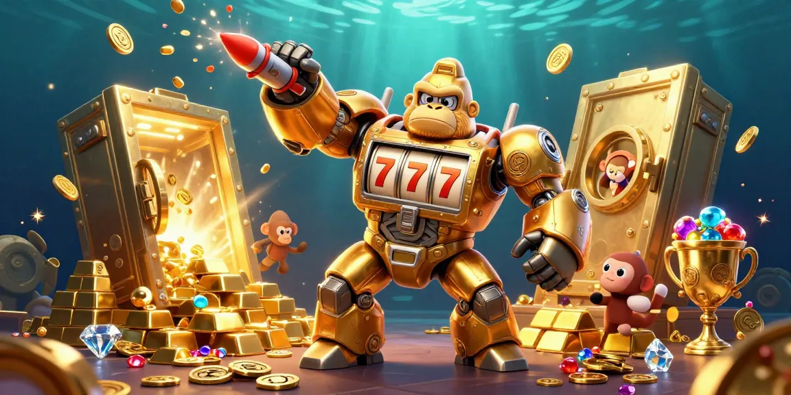 Engage in adult video chat with a golden gorilla mech in a vibrant casino-themed 3D scene.