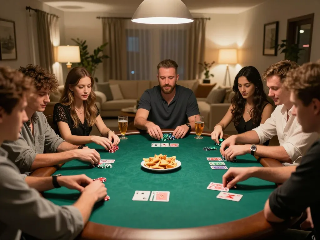 Những người bạn tận hưởng một đêm chơi poker với link m88 không bị chặn hiện rõ trên bài và chip trải dài trên bàn.