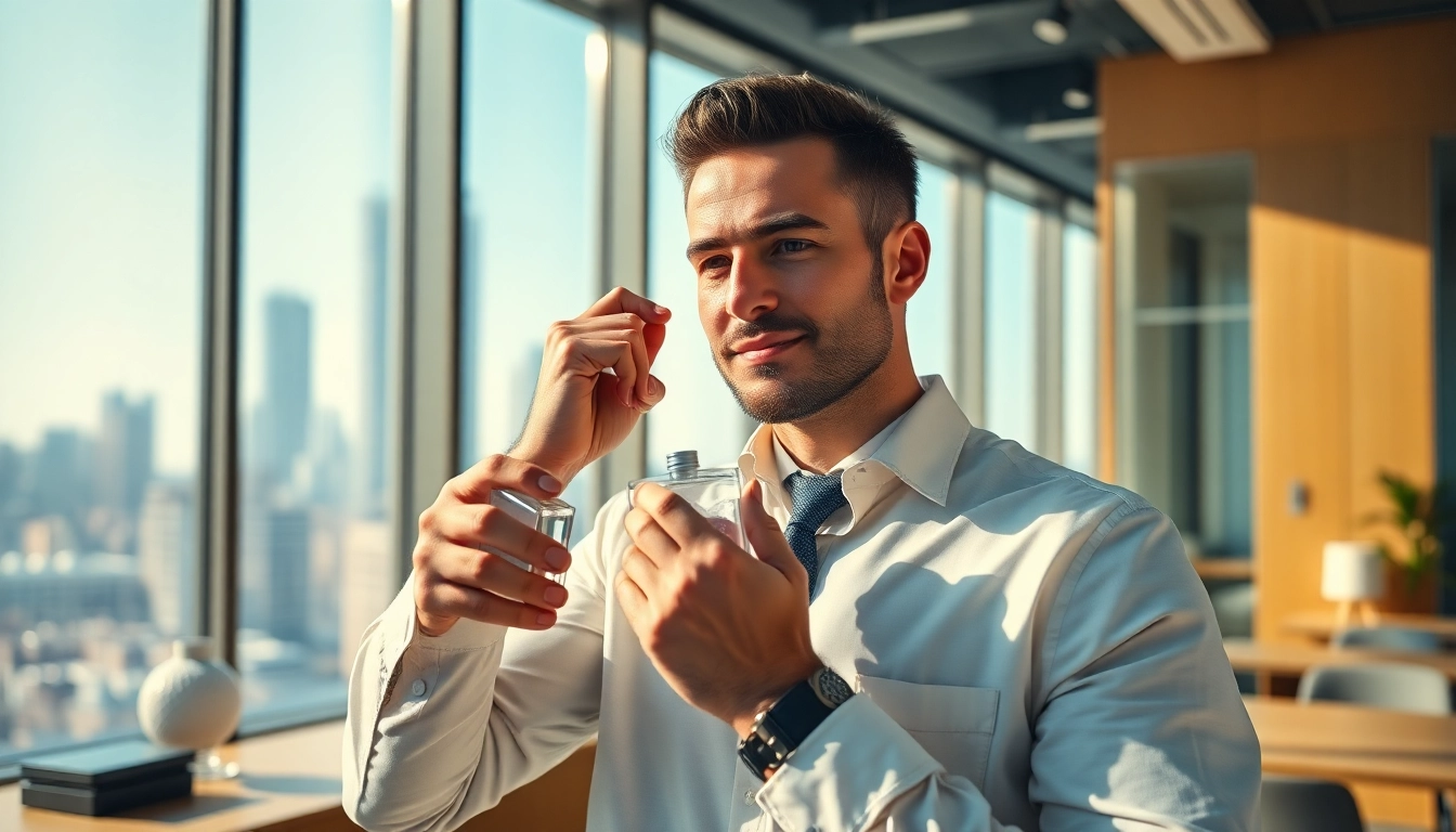 Should I wear cologne to work? A professional man applies cologne in a bright office setting.