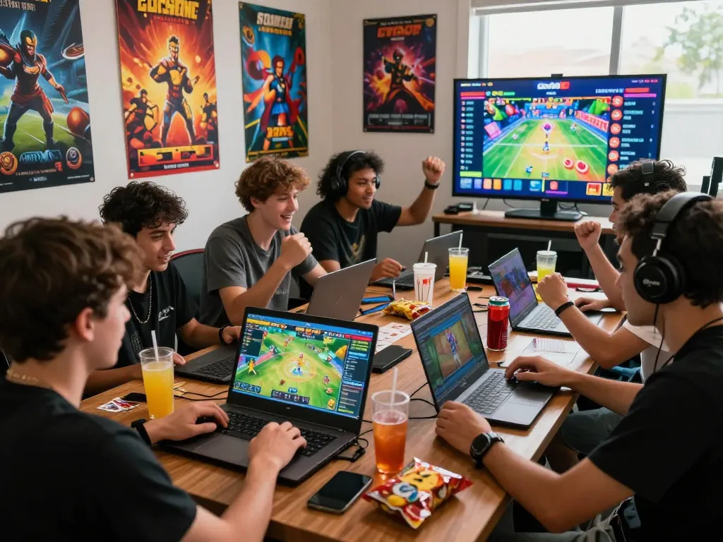 Enthusiastic friends enjoying diverse games on the Go88 platform in a vibrant online gaming environment.