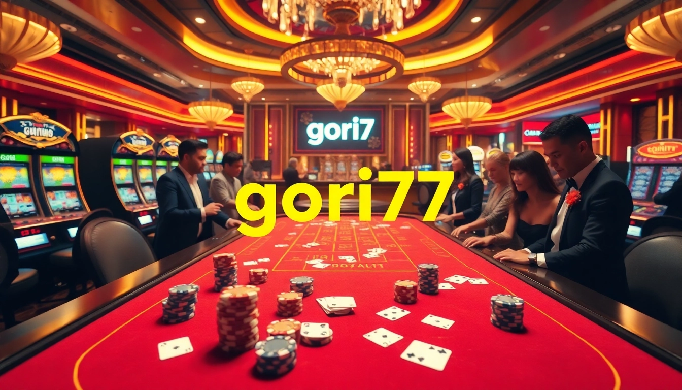Engage with gori77 by playing at an upscale casino table with poker chips and vibrant slot machines.