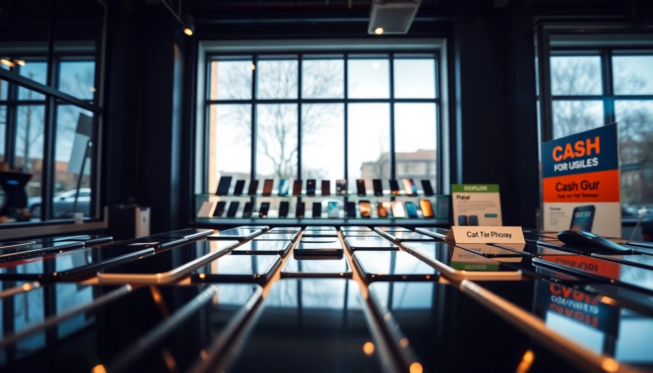 Showcase of cash for used phones in a vibrant storefront with smartphones arranged appealingly.