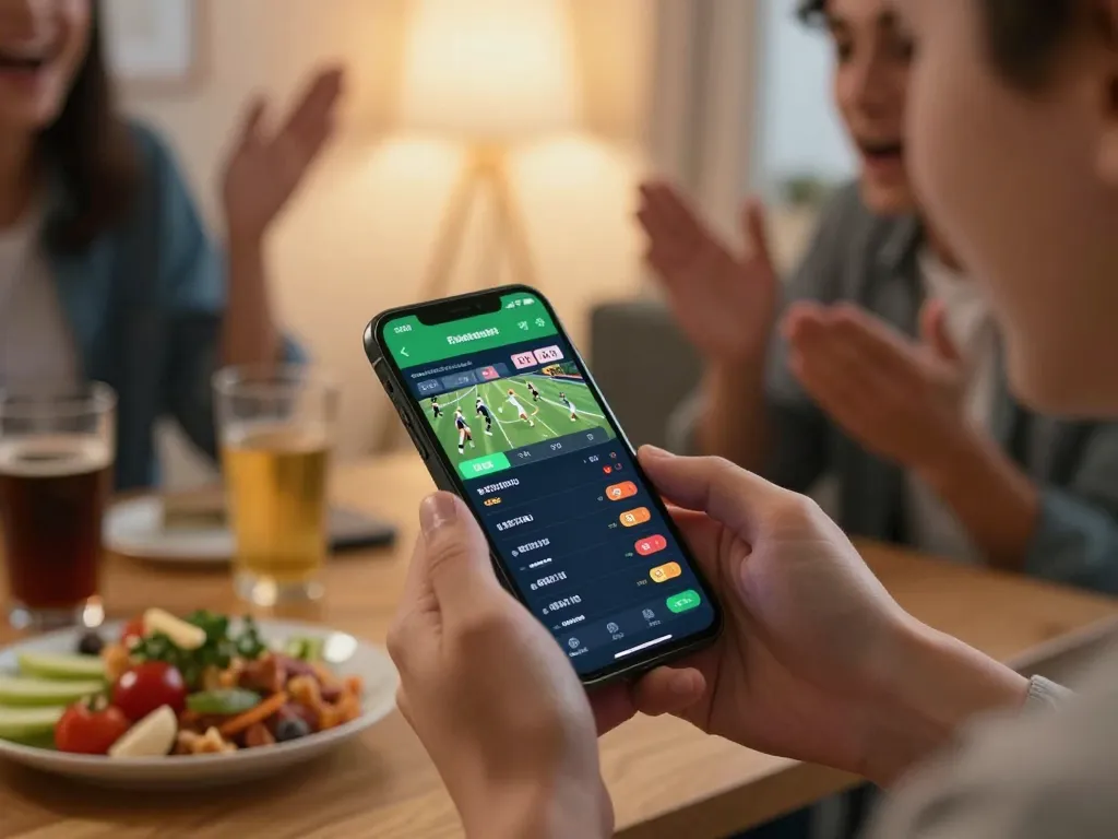 Sports betting action on https://w88bet.football/ with smartphone displaying betting odds and cozy home setting.