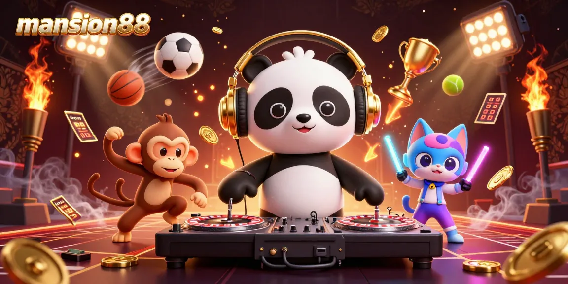 Engage with mansion88’s thrilling gaming atmosphere featuring a DJ panda and lively characters.