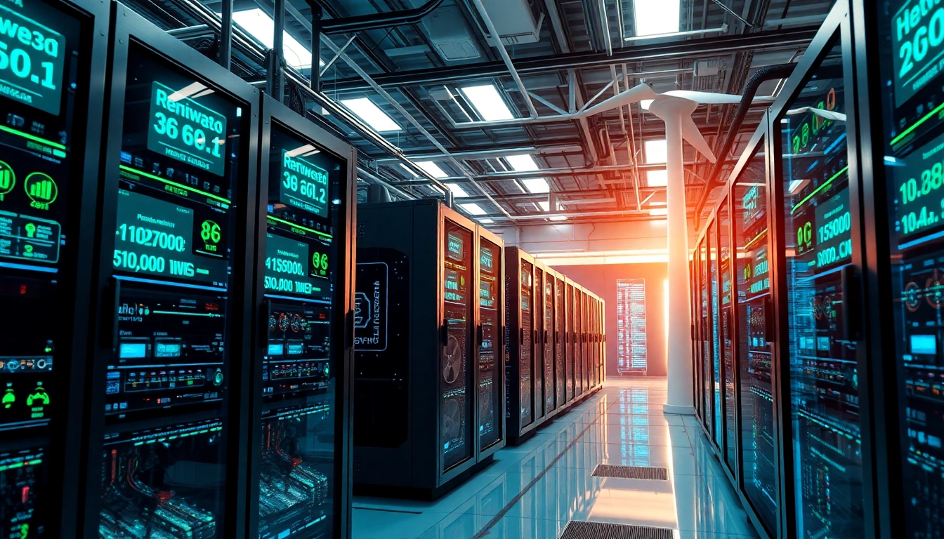 Dynamic cloud mining facility showcasing renewable energy technology and AI efficiency in cryptocurrency mining.