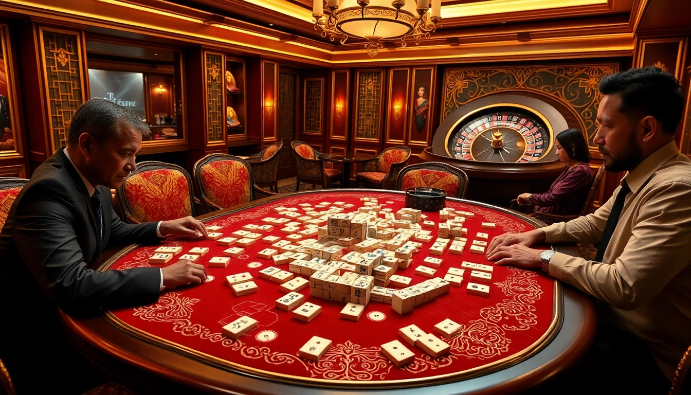 Terlibat dalam penyambungan strategis ubin mahjong pada permainan link mahjong di meja kasino mewah.