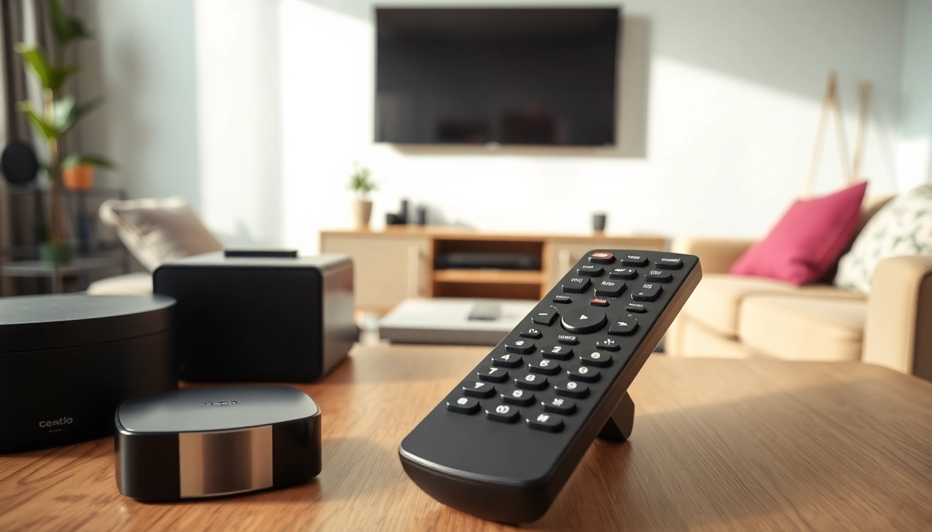 Verwenden Sie die Telefunken Fernbedienung XF, um Geräte in einem modernen Wohnzimmer zu steuern.