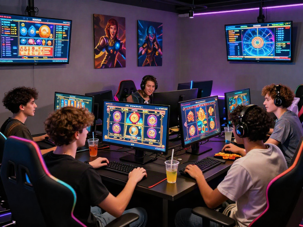Friends enjoying the excitement of kamboja slot in a modern gaming room.
