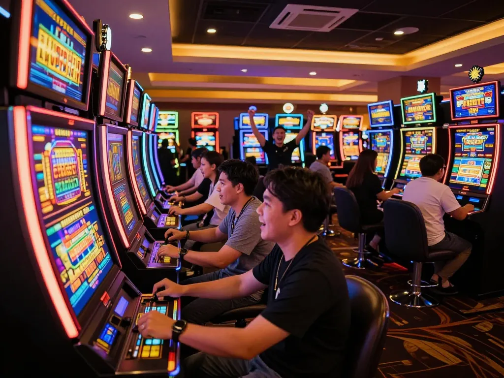Dynamic slot gacor gameplay in a vibrant casino atmosphere with players celebrating wins