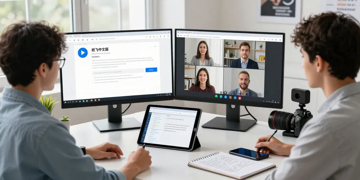A professional workspace featuring the 纸飞机中文版 interface on monitors, a young person engaging in video calls, emphasizing productivity in tech.