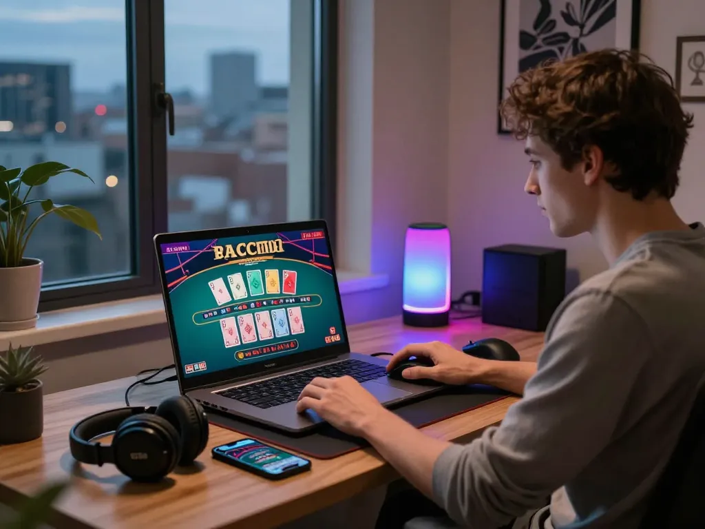 Immerse yourself in the thrill of 바카라사이트 gaming at home, showcasing a player engaging with live baccarat online in a vibrant office setting.