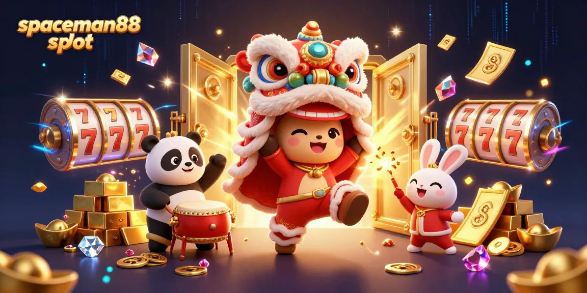 Experience thrilling excitement with spaceman88 slot, featuring a vibrant lion dance scene with glittering symbols and riches.