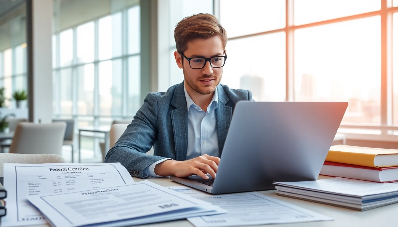 Consultant handling registration and certification in Federal databases for federal contracts in a bright office.
