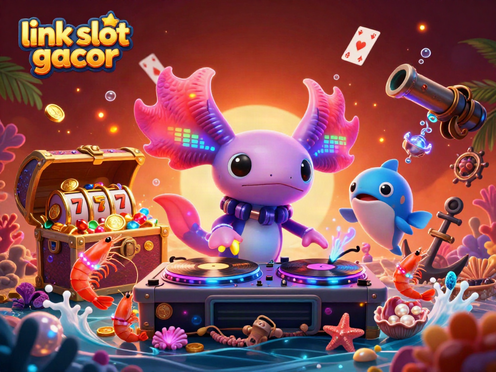 Engage with link slot gacor excitement in a vibrant underwater casino scene featuring a neon axolotl DJ.