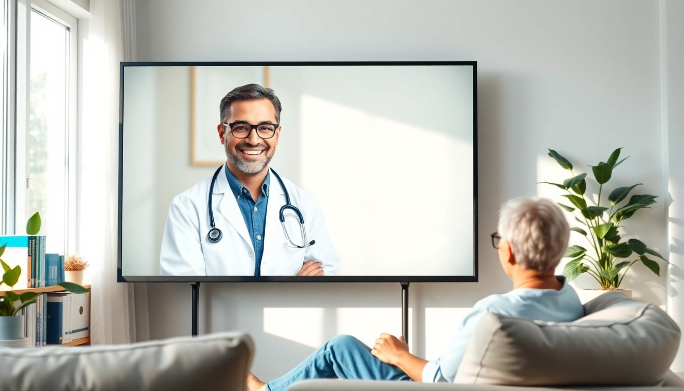 Engaging online doctor visit pay per visit with a friendly clinician and patient in a home environment.
