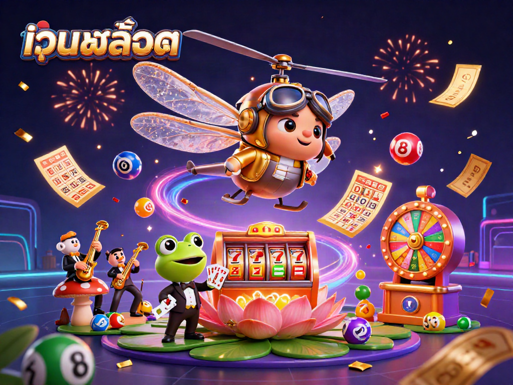 Win big with เว็บสล็อต in this vibrant 3D casino scene featuring lively characters and game elements.