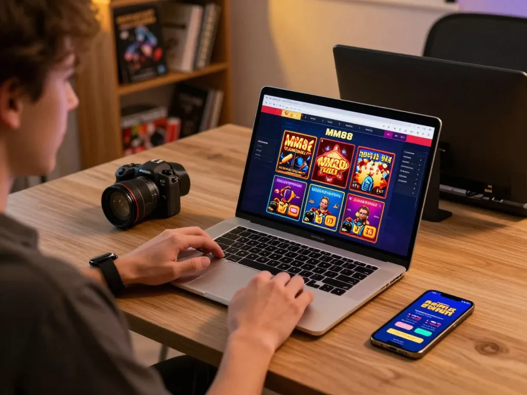 Engaging in online gaming at Trang chủ MM88, featuring vibrant graphics and a cozy atmosphere.