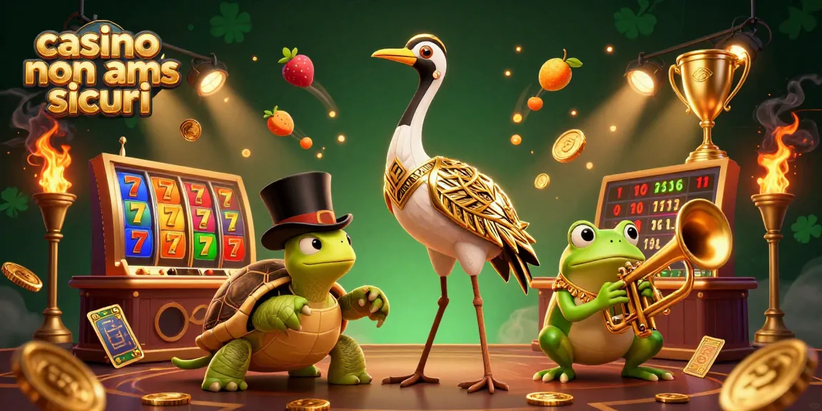 Scopri i casino non AAMS sicuri con slot machine e simboli di fortuna in un'illustrazione divertente.