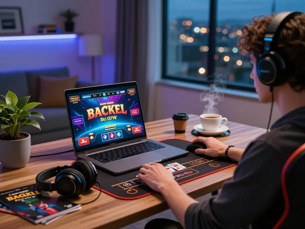 A person enjoying live baccarat from their stylish home office, showcasing a vibrant online gaming setup with modern decor.