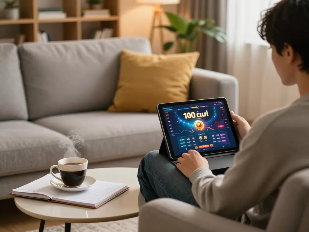 Berkecimpung dengan platform permainan 100 cuci di tablet di rumah, mempamerkan perjudian dalam talian yang strategik