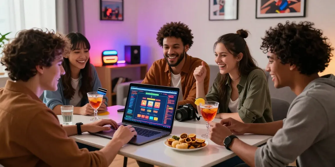 Friends enjoying online casinos that accept credit cards in a lively living room setting.