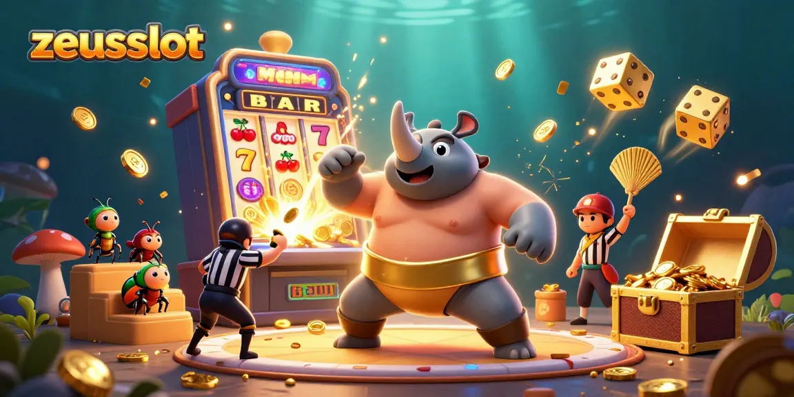 Spin exciting jackpots in zeusslot as a cartoon beetle stomps coins in a lively casino!