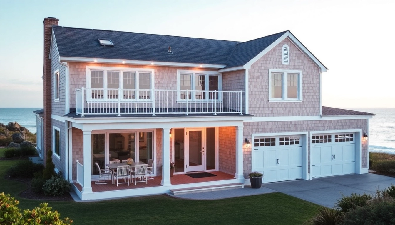 Cape Cod home featuring a modern expansion and attached garage amidst coastal beauty.
