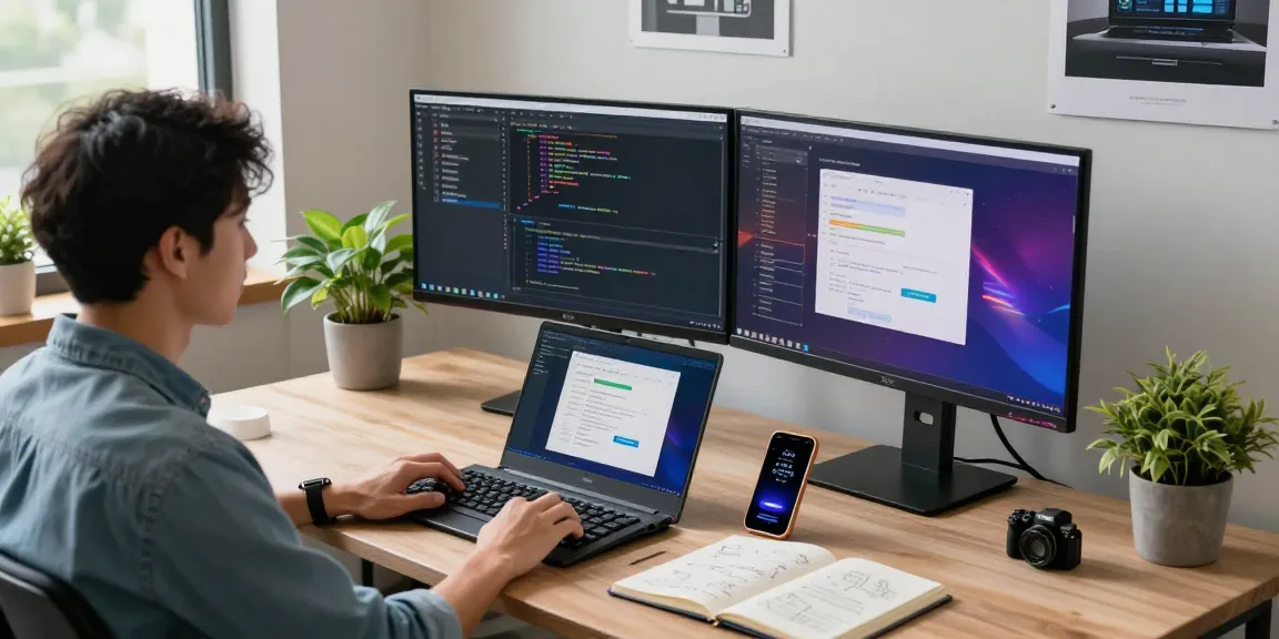Modern workspace featuring software engineer coding and using 纸飞机下载 on dual monitors amidst a bright office atmosphere.