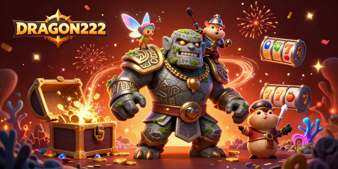 Experience thrilling gameplay at DRAGON222 with a vibrant illustration of a stone golem, fairy, and hamster knight in a dynamic casino scene.
