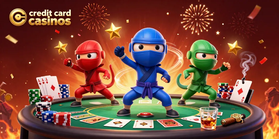 See credit card casinos illustrated with playful chameleon ninjas and poker elements.