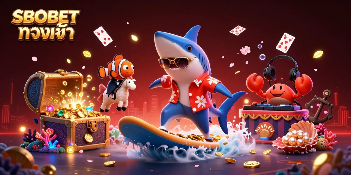 SBOBET ทางเข้า showcases winning moments with a shark surfing gold, clownfish, and crab DJ amid floating cards and gems.