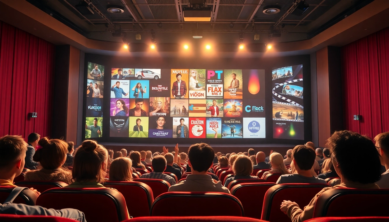 Watch หนังออนไลน์ in an immersive cinema with vibrant film reels and excited viewers.