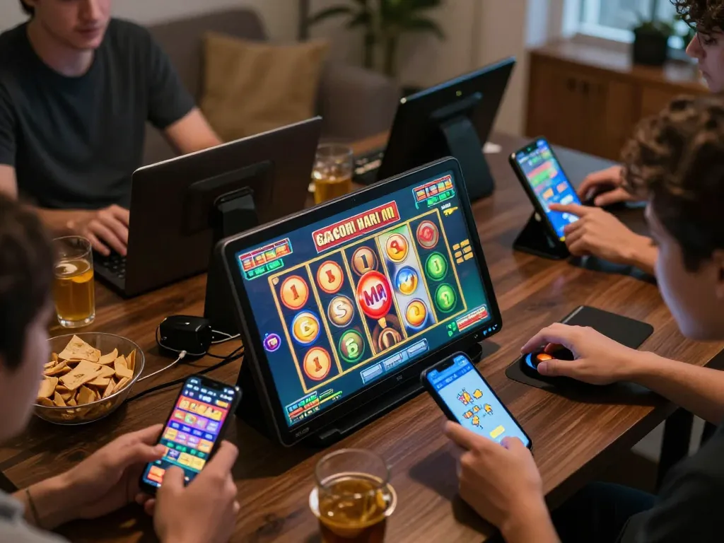 Playing slot gacor hari ini on a cozy home setup, with dynamic reels and excited players engaged in the game.