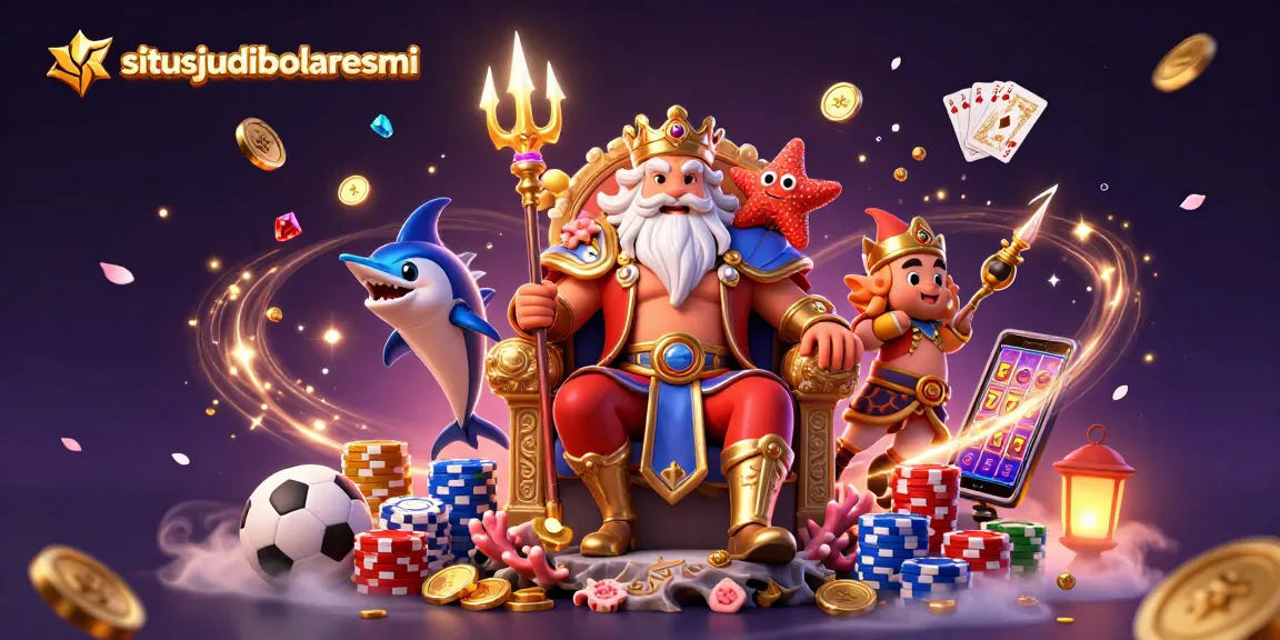 Situsjudibolaresmi offers dynamic sports betting excitement with a 3D sea king character surrounded by casino elements.