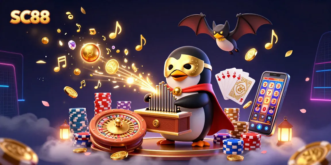 SC88 casino experience featuring a whimsical penguin organist amidst a vibrant gaming scene.