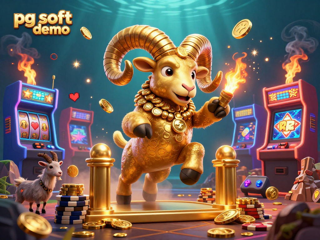 Experience dynamic gaming with pg soft demo featuring a golden ram charging through slot reels and arcade machines.
