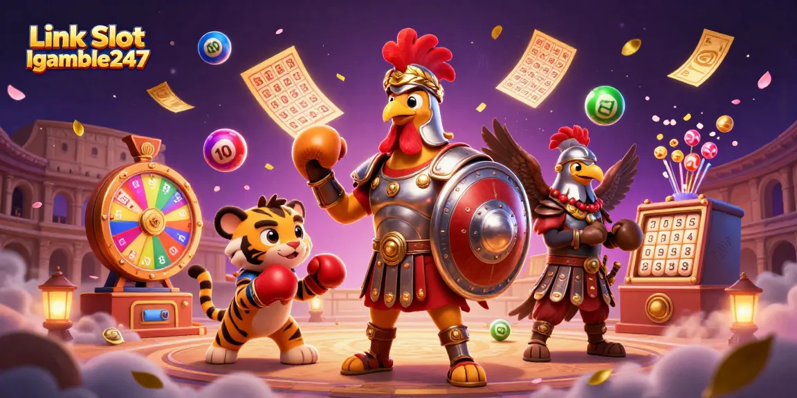 Link Slot Gacor Igamble247: 3D cartoon rooster in a dynamic casino scene with lottery elements.