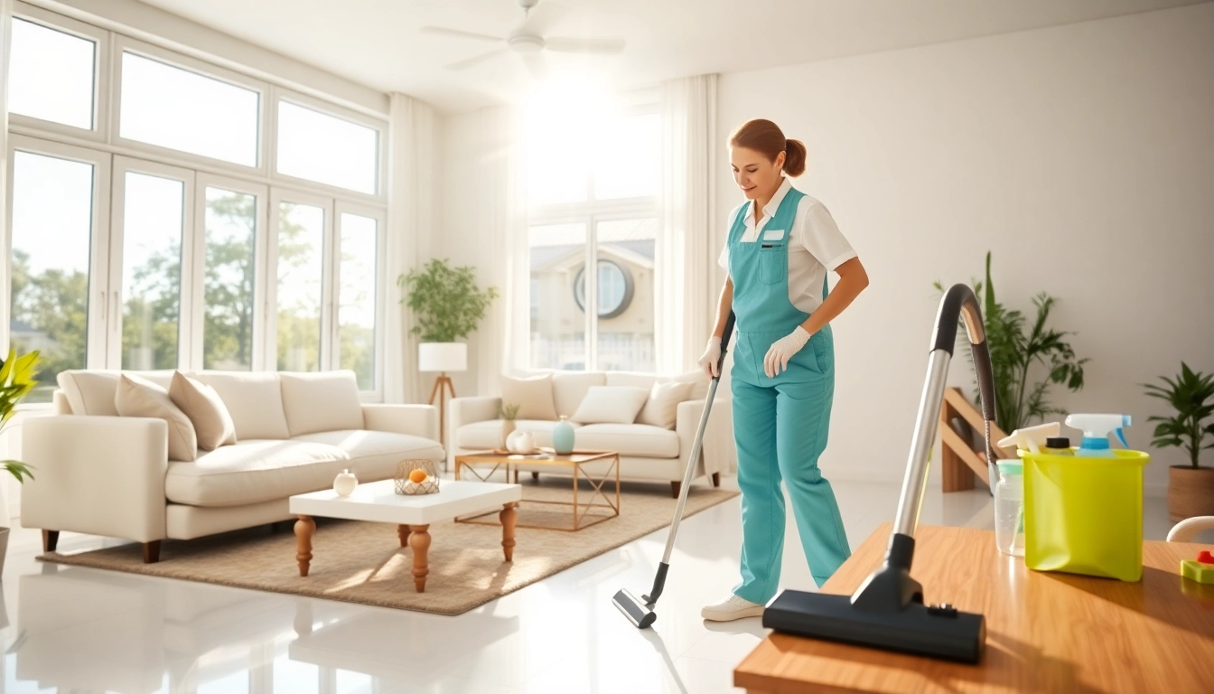 Book cleaning services near me and see a friendly cleaner transforming a bright living room.