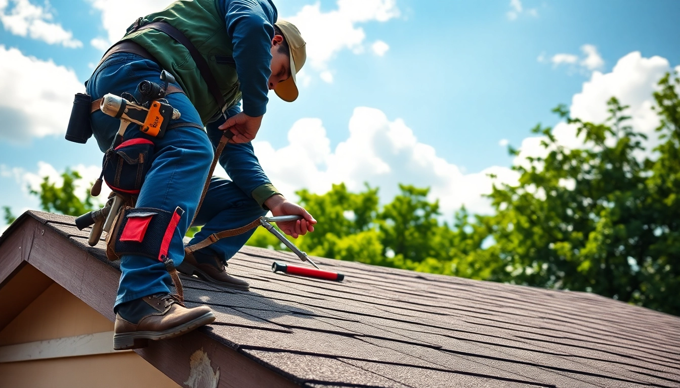 Roof repair technician evaluating a roof's condition with tools, exemplifying expertise and reliability.