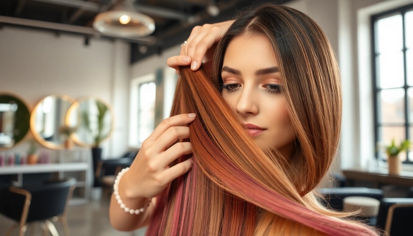 Sew in weft hair extensions being expertly applied in a modern salon.
