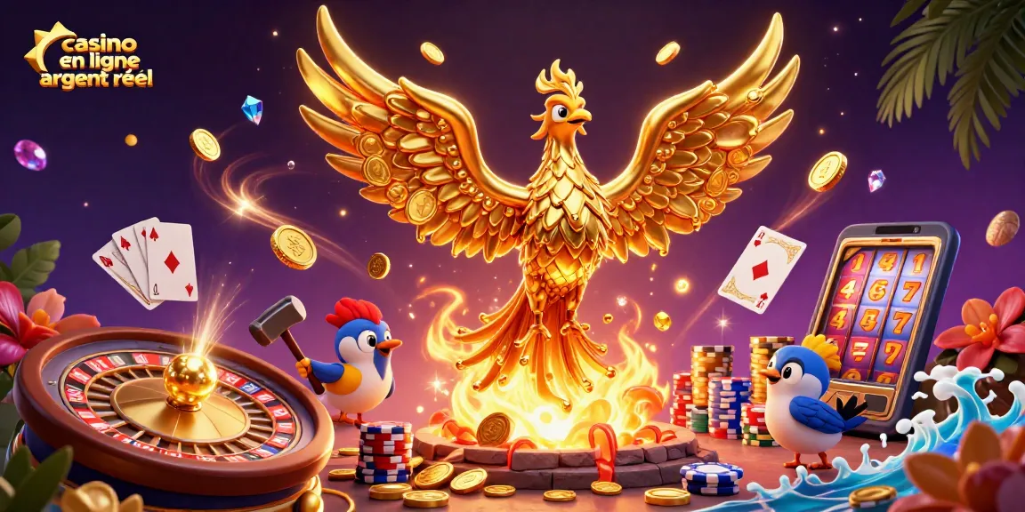 Gagnez avec des jeux de casino en ligne argent réel dans une scène dynamique de phoenix doré.
