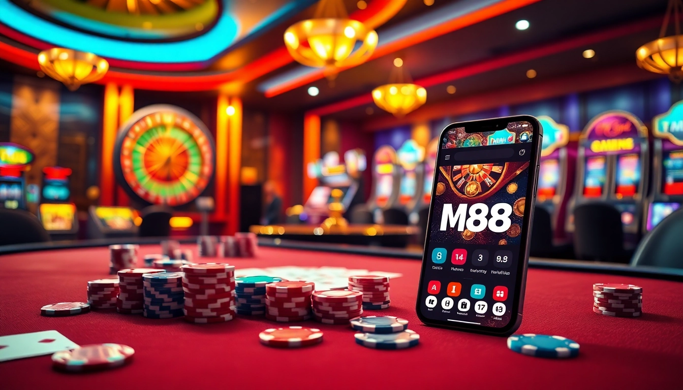 Experience exhilarating gameplay at MM88's vibrant online casino, featuring poker chips and roulette tables.