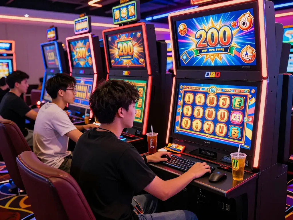 Player enjoying slot bet 200 perak in an exciting online casino setting, vibrant atmosphere full of animated graphics