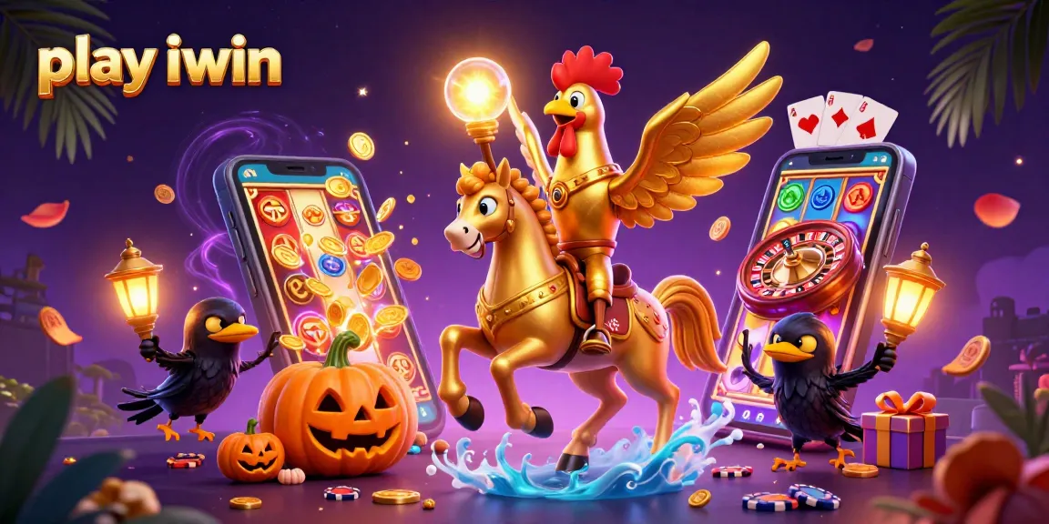 Play iwin thrilling slot games with a golden rooster and pumpkins in a vibrant casino scene.