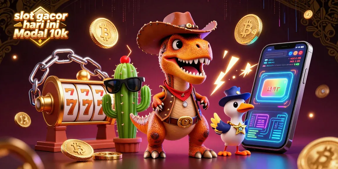 Experience exciting wins with slot gacor hari ini modal 10k in a vibrant casino environment, featuring a T-Rex and cowboy.