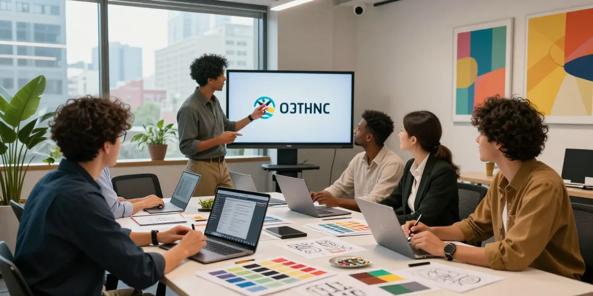 Branding agency in KL collaborative workspace with professionals discussing innovative design strategies.