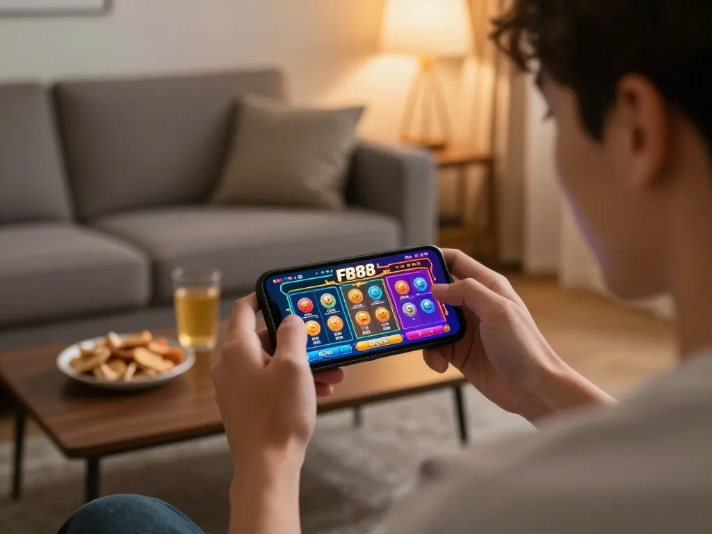 Player engaging in online casino gaming on FB88 app, showcasing mobile gameplay excitement.