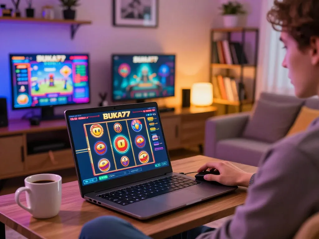 Player enjoying BUKA77 slot game on laptop in cozy home gaming setup with warm lighting.